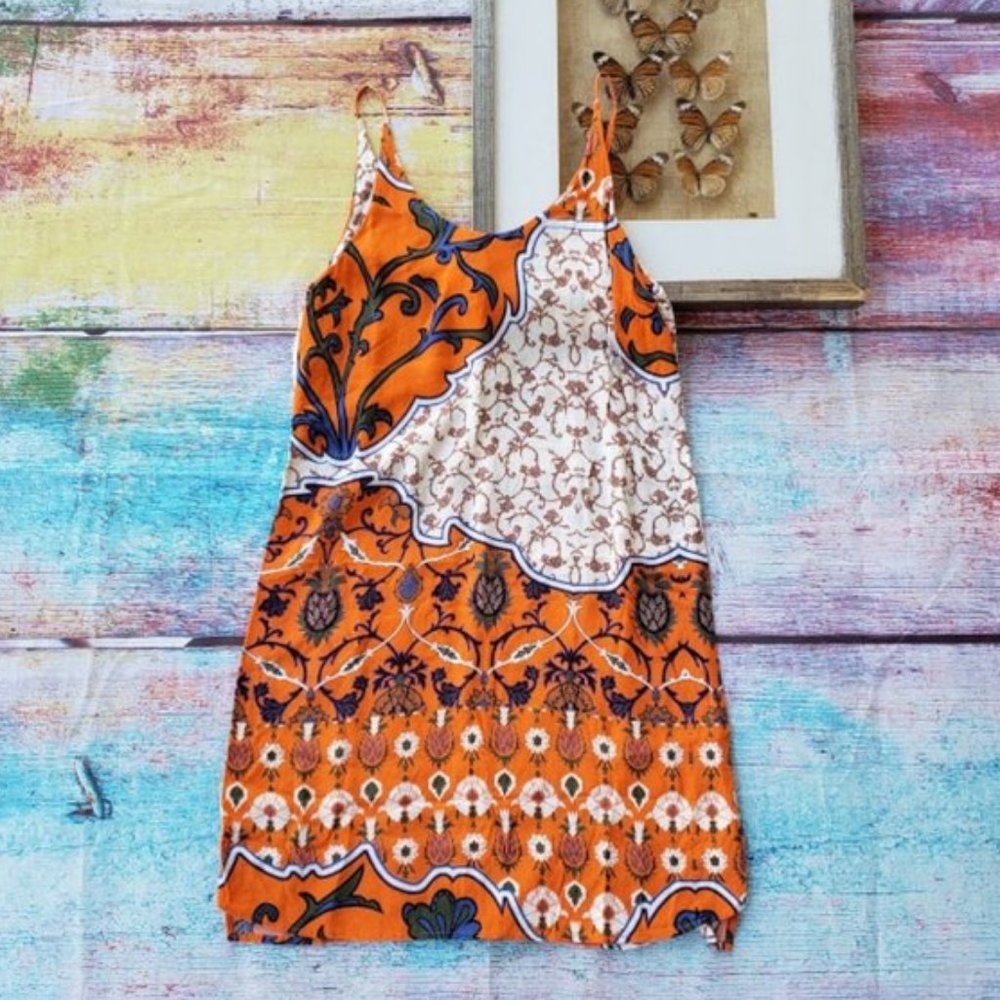 TOPSHOP Orange & White Mixed Scarf Print Cami Mini Shift Slip Dress 4US